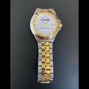 GM Official Licensed Corvette Stainless Steel Watch in silver with gold inlay.